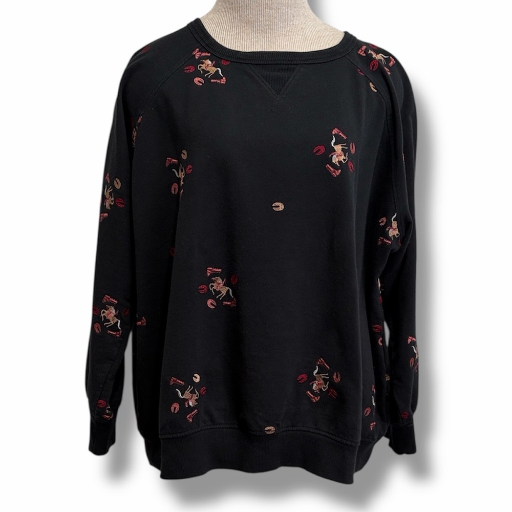 Como Vintage Black Sweatshirt Women's 2X Crewneck Western Horse Embroidered